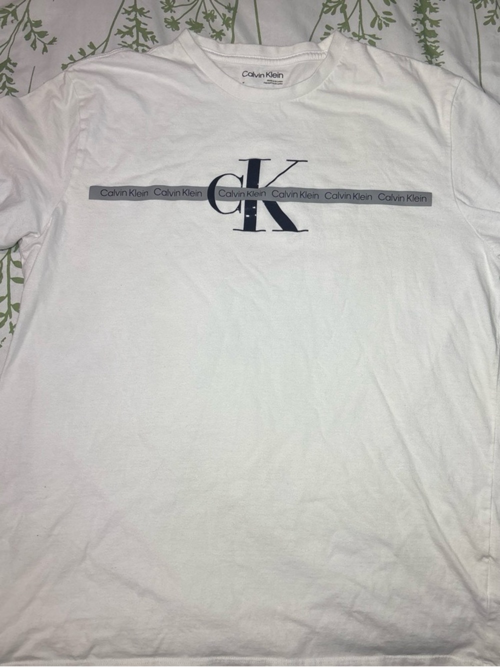 Calvin Klein White Tee with Navy CK Logo and Grey Stripe